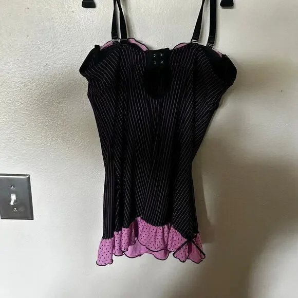 Y2k pink and black pinstripe coquette baby doll 35b - Picture 5 of 6